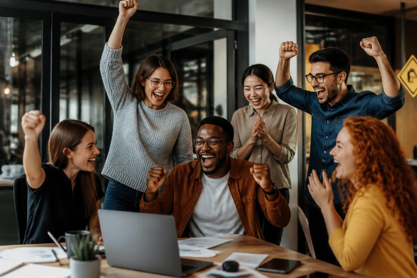 Active Outreach team celebrating together in a modern office